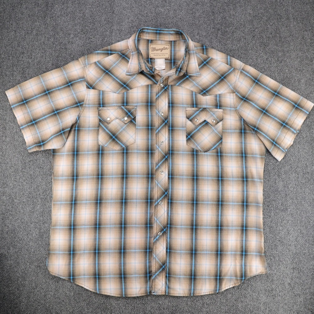 Wrangler Mens Western Cowboy Plaid Pearl Snap Shirt Tan Blue‎ XL